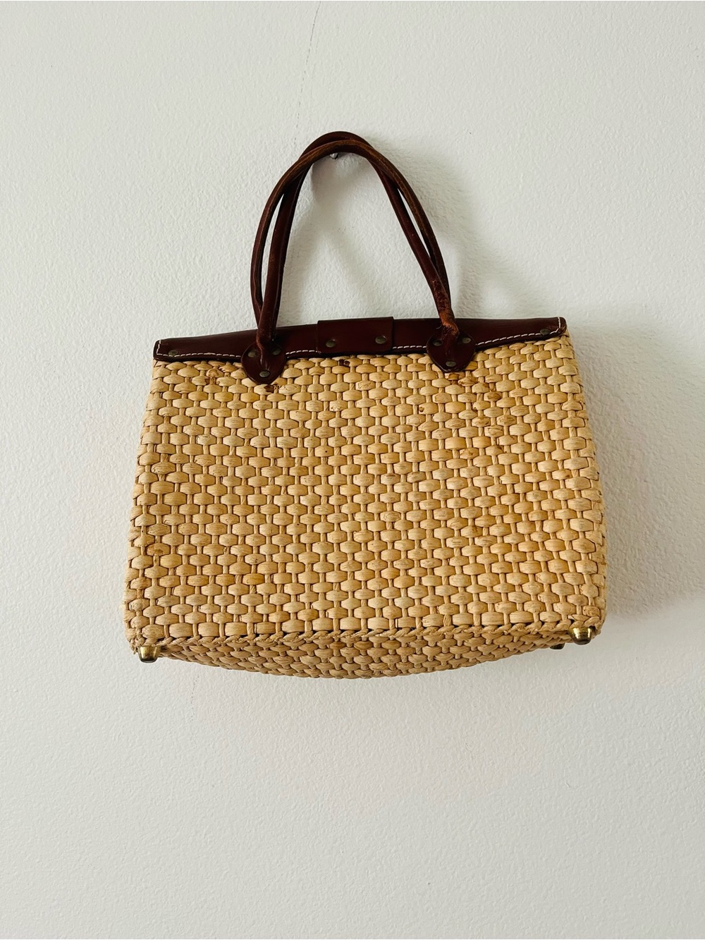 Brown Leather & Natural Woven Tote Handbag 10/13 Inches - Picture 4 of 10